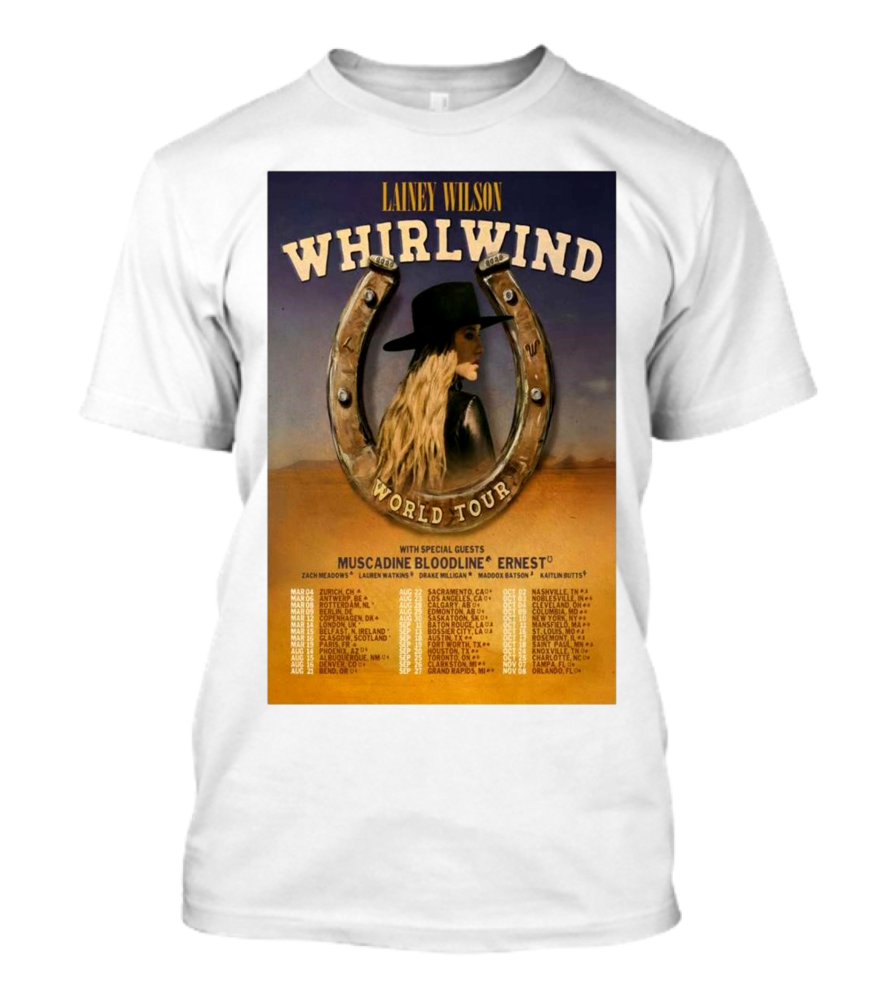 Lainey Wilson Whirlwind World Tour 2025 Special Guests Muscadine Bloodline Ernest Dates And Cities T-Shirt