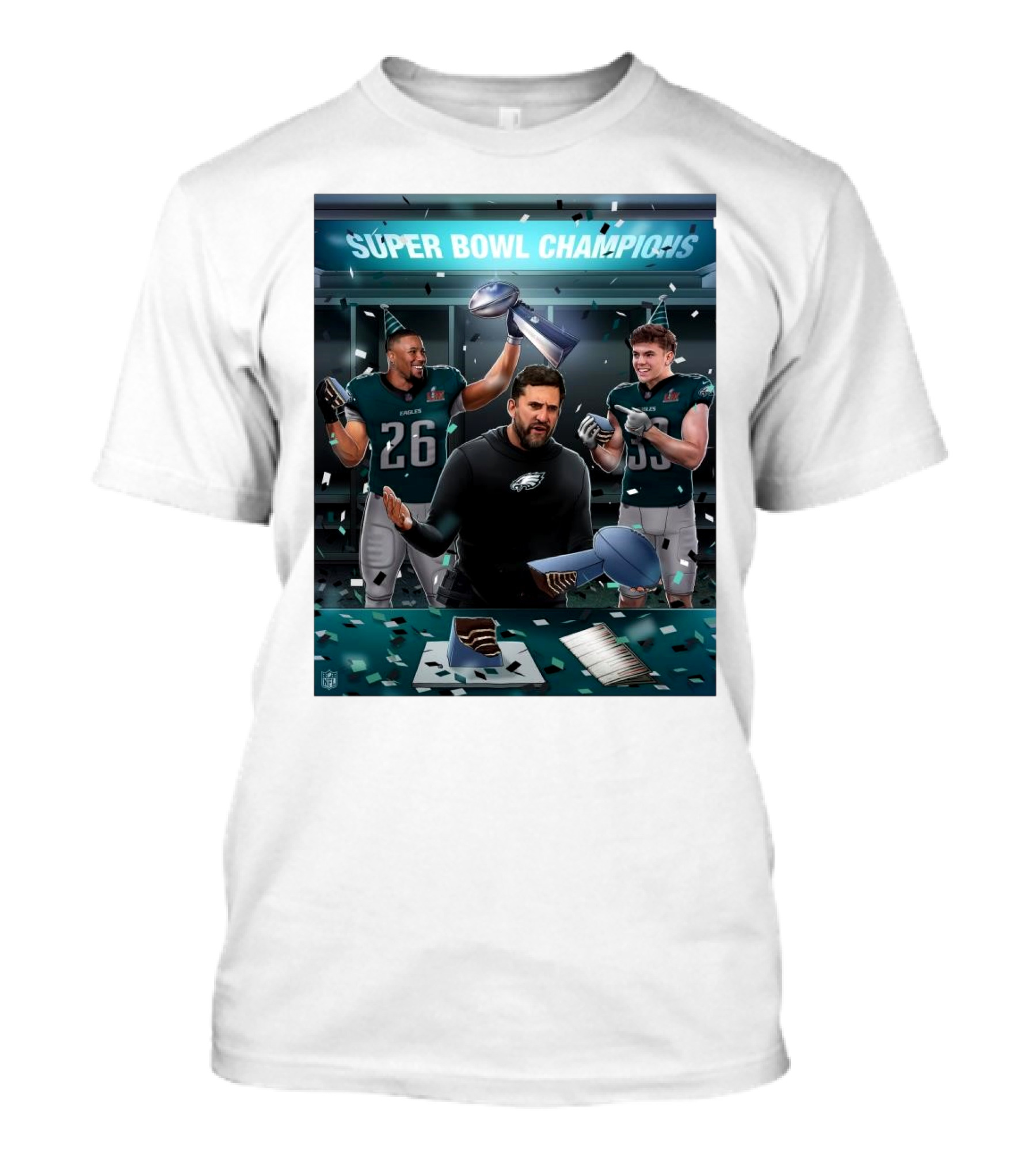 Philadelphia Eagles Super Bowl Champions Confetti Celebration With Trophy Cake And Party Hats T-Shirt