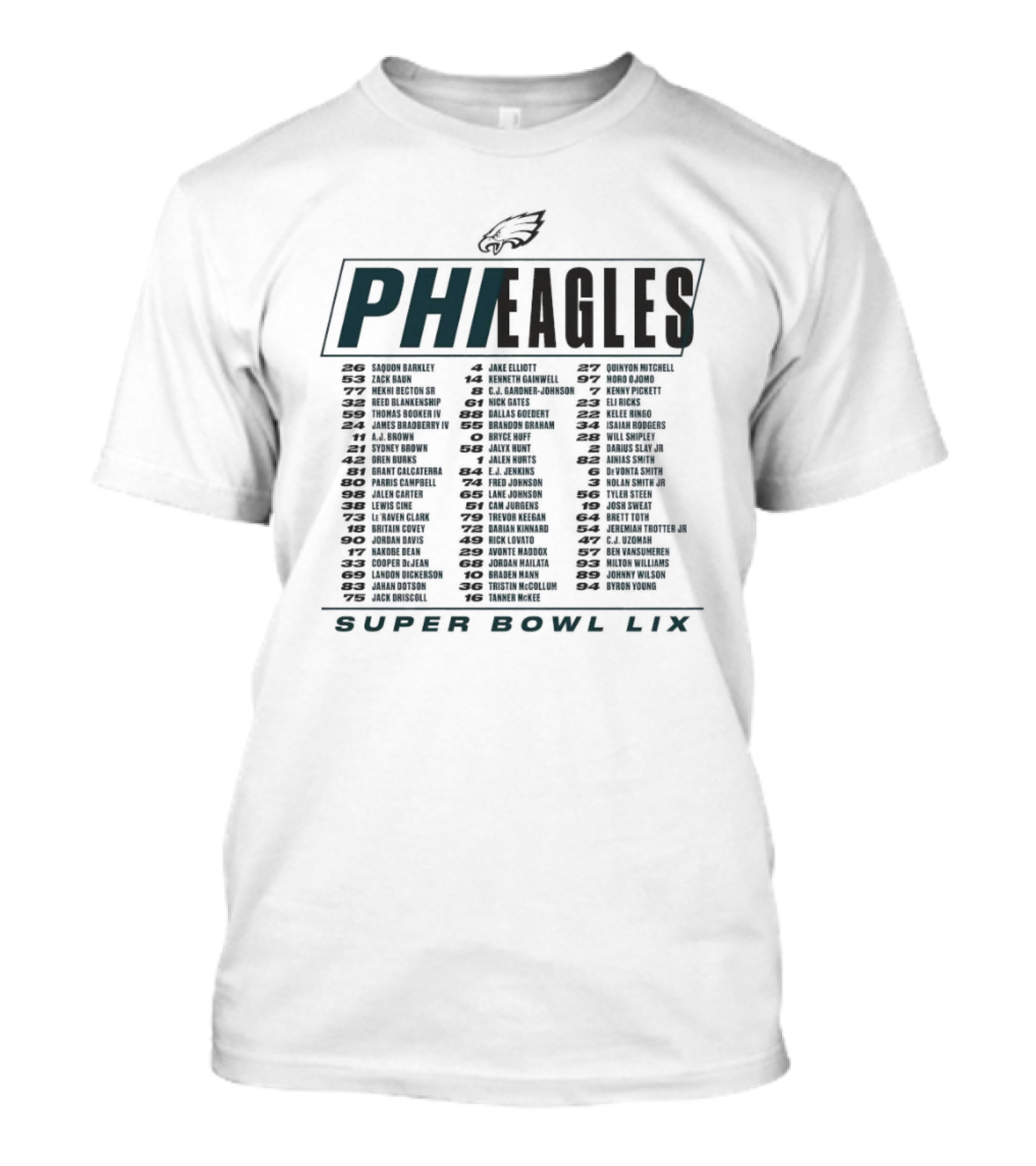 Philadelphia Eagles Super Bowl LIX Roster Featuring Saquon Barkley Jake Elliott Quinyon Mitchell Zack Baun T-Shirt