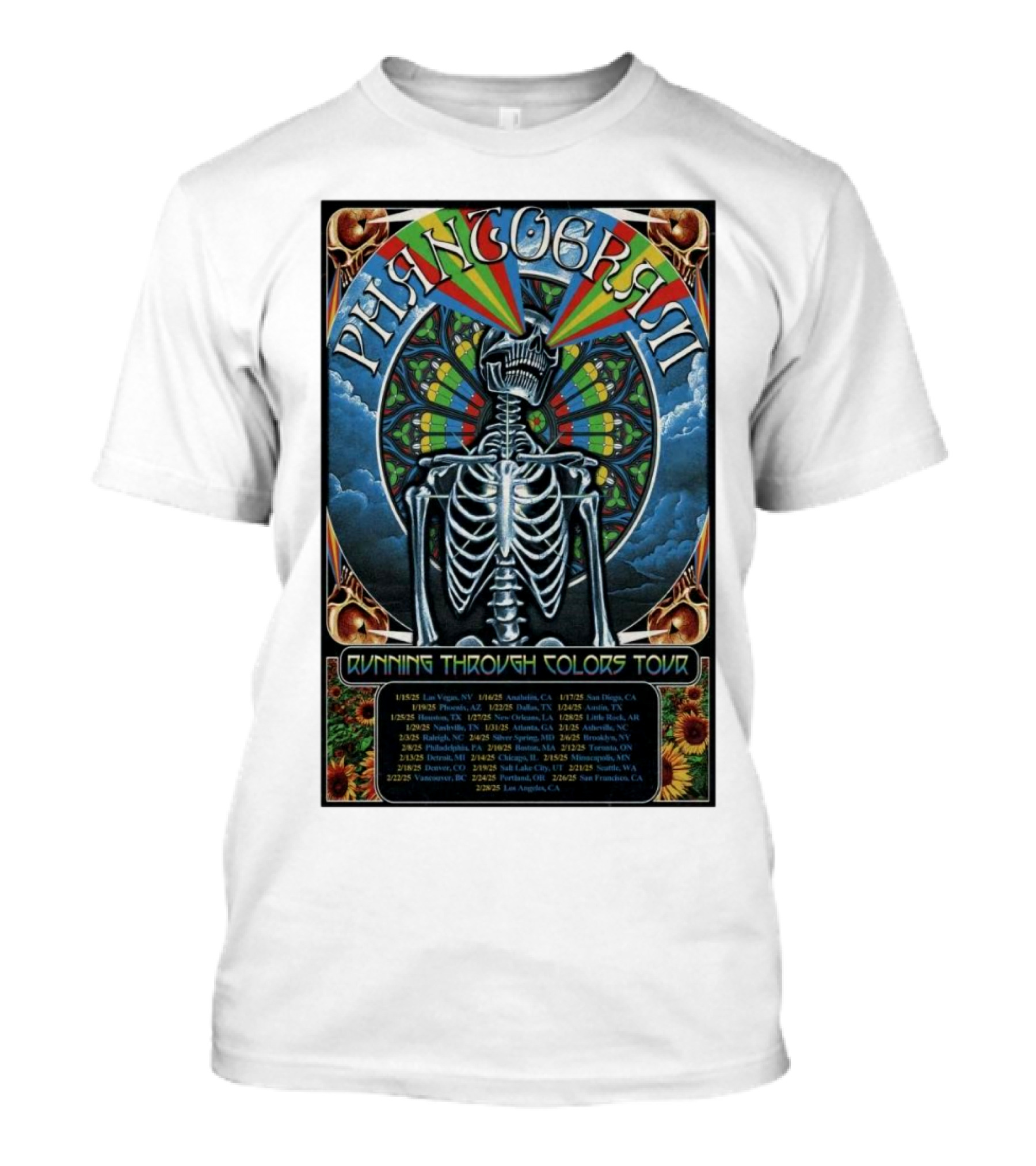 Phantogram Running Through Colors Tour 2025 Skeleton Stained Glass Pattern Las Vegas Anaheim San Diego T-Shirt