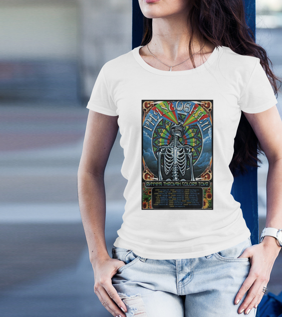 Phantogram Running Through Colors Tour 2025 Skeleton Stained Glass Pattern Las Vegas Anaheim San Diego T-Shirt