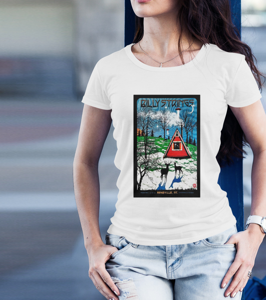 Billy Strings February 14-16 2025 ExploreAsheville.com Arena Asheville NC Cabin Scene With UFO And Deer T-Shirt