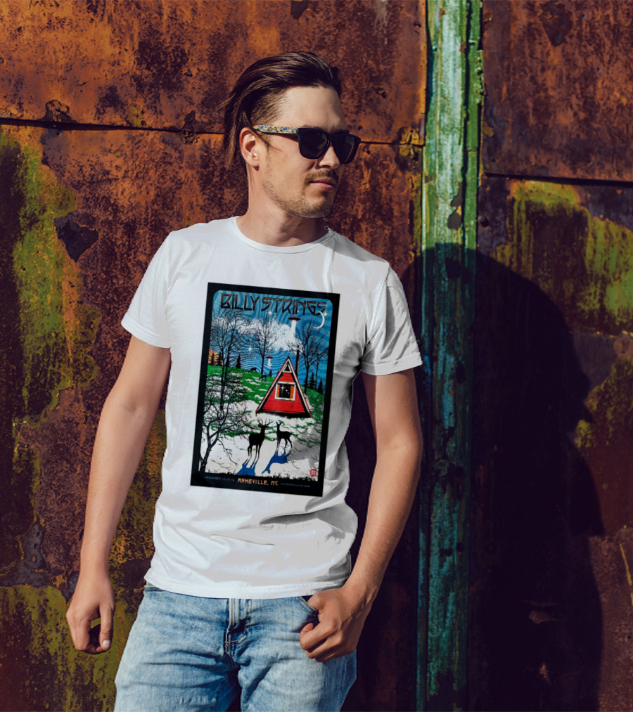 Billy Strings February 14-16 2025 ExploreAsheville.com Arena Asheville NC Cabin Scene With UFO And Deer T-Shirt