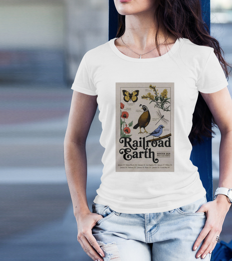 Railroad Earth Winter 2025 West Coast Edition Tour Solana Beach Los Angeles Felton Oakland Napa Crystal Bay T-Shirt