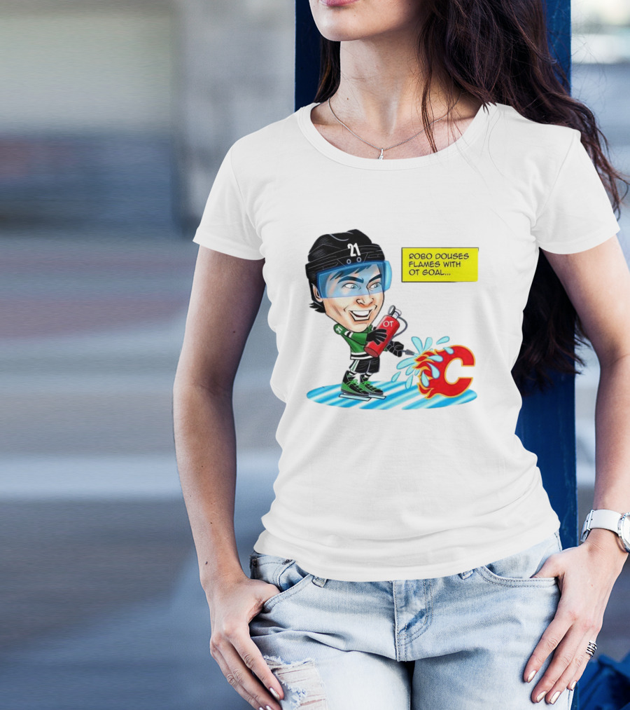 Robo Douses Flames With OT Goal Hockey Player Cartoon Extinguishing Calgary Flame Logo T-Shirt