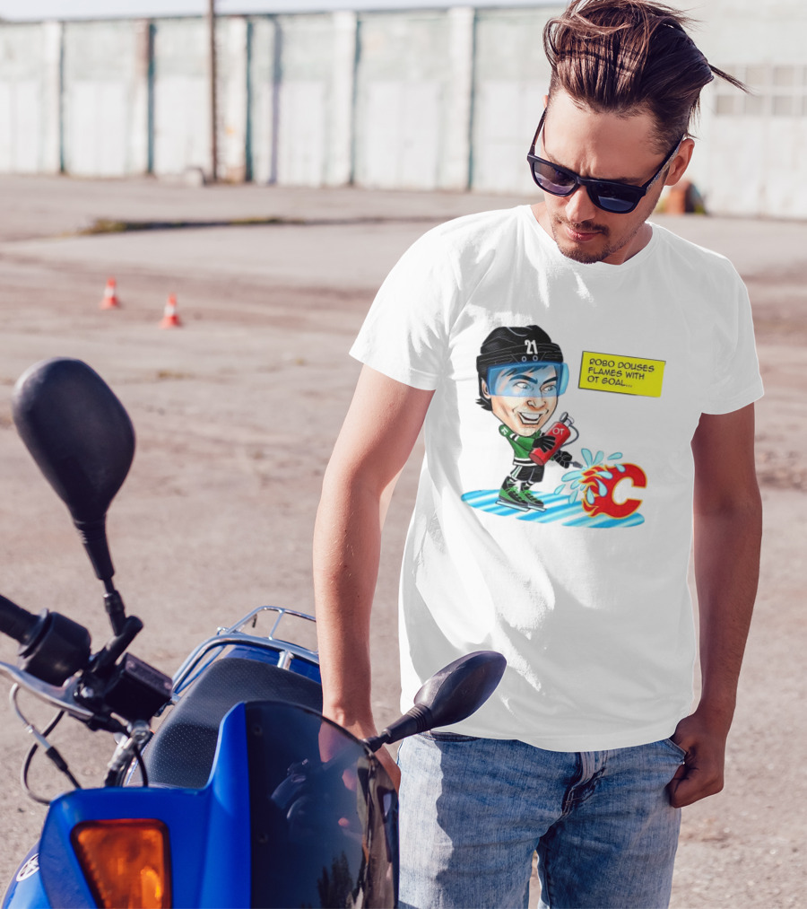 Robo Douses Flames With OT Goal Hockey Player Cartoon Extinguishing Calgary Flame Logo T-Shirt