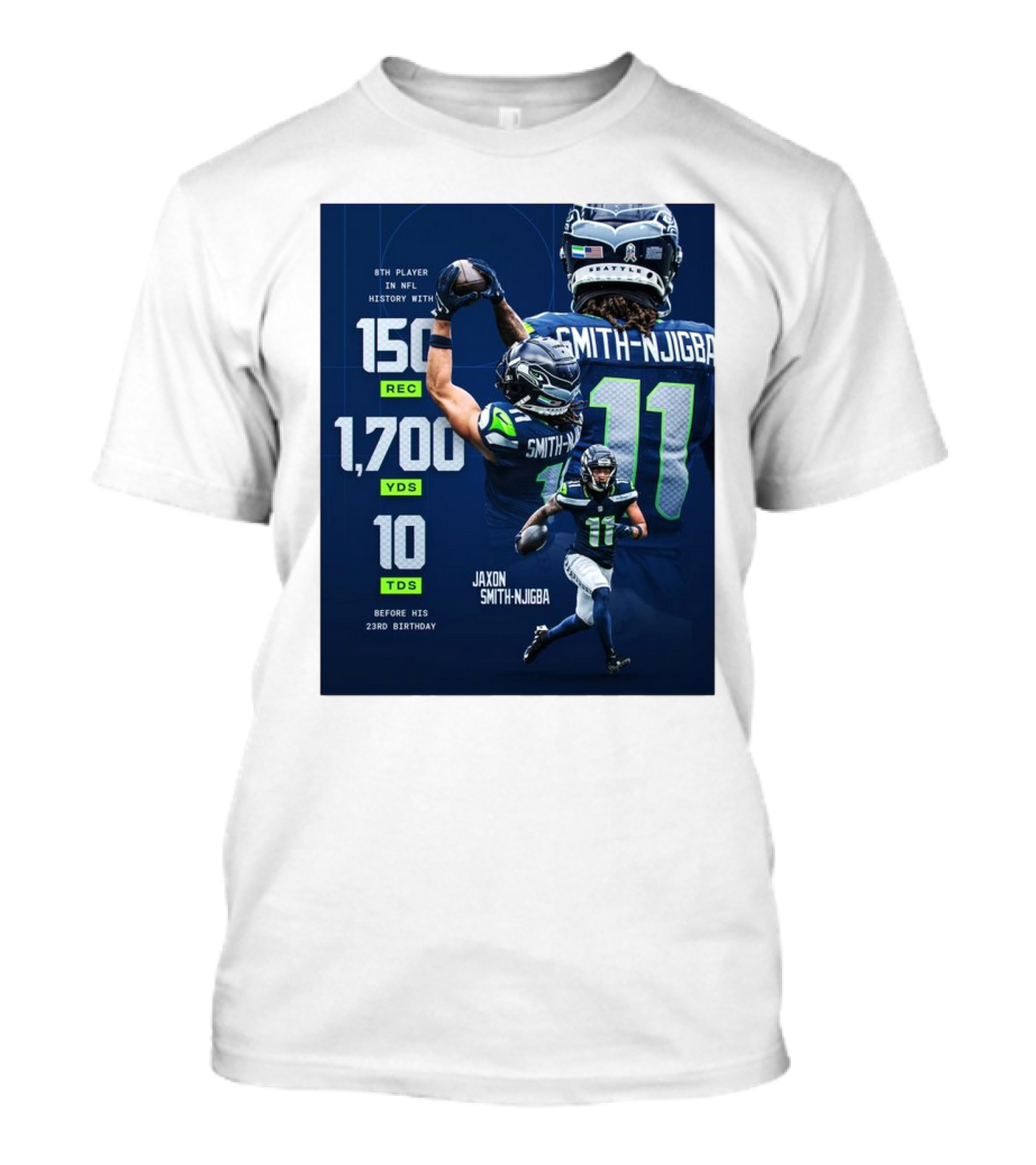 Seattle Seahawks Jaxon Smith-Njigba NFL 150 Rec 1700 Yds 10 TDs Milestone Before 23rd Birthday T-Shirt