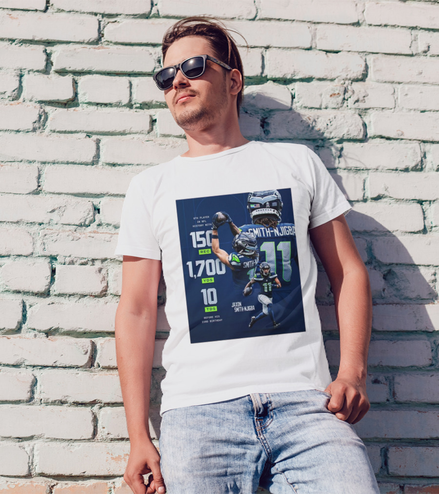 Seattle Seahawks Jaxon Smith-Njigba NFL 150 Rec 1700 Yds 10 TDs Milestone Before 23rd Birthday T-Shirt