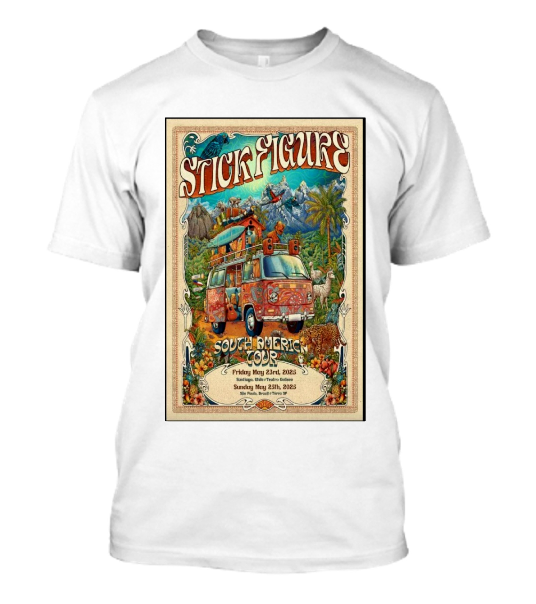 Stick Figure South America Tour May 23rd Santiago May 25th São Paulo 2025 Vintage Van Jungle Wildlife Scene T-Shirt
