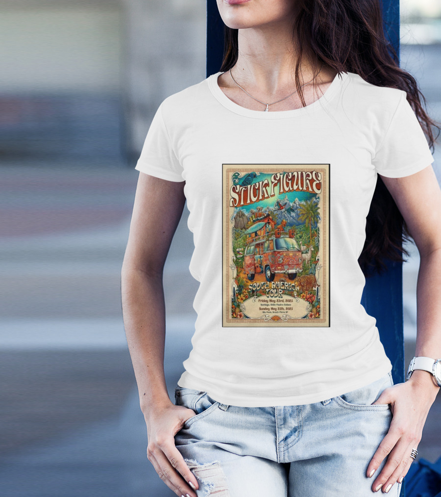 Stick Figure South America Tour May 23rd Santiago May 25th São Paulo 2025 Vintage Van Jungle Wildlife Scene T-Shirt
