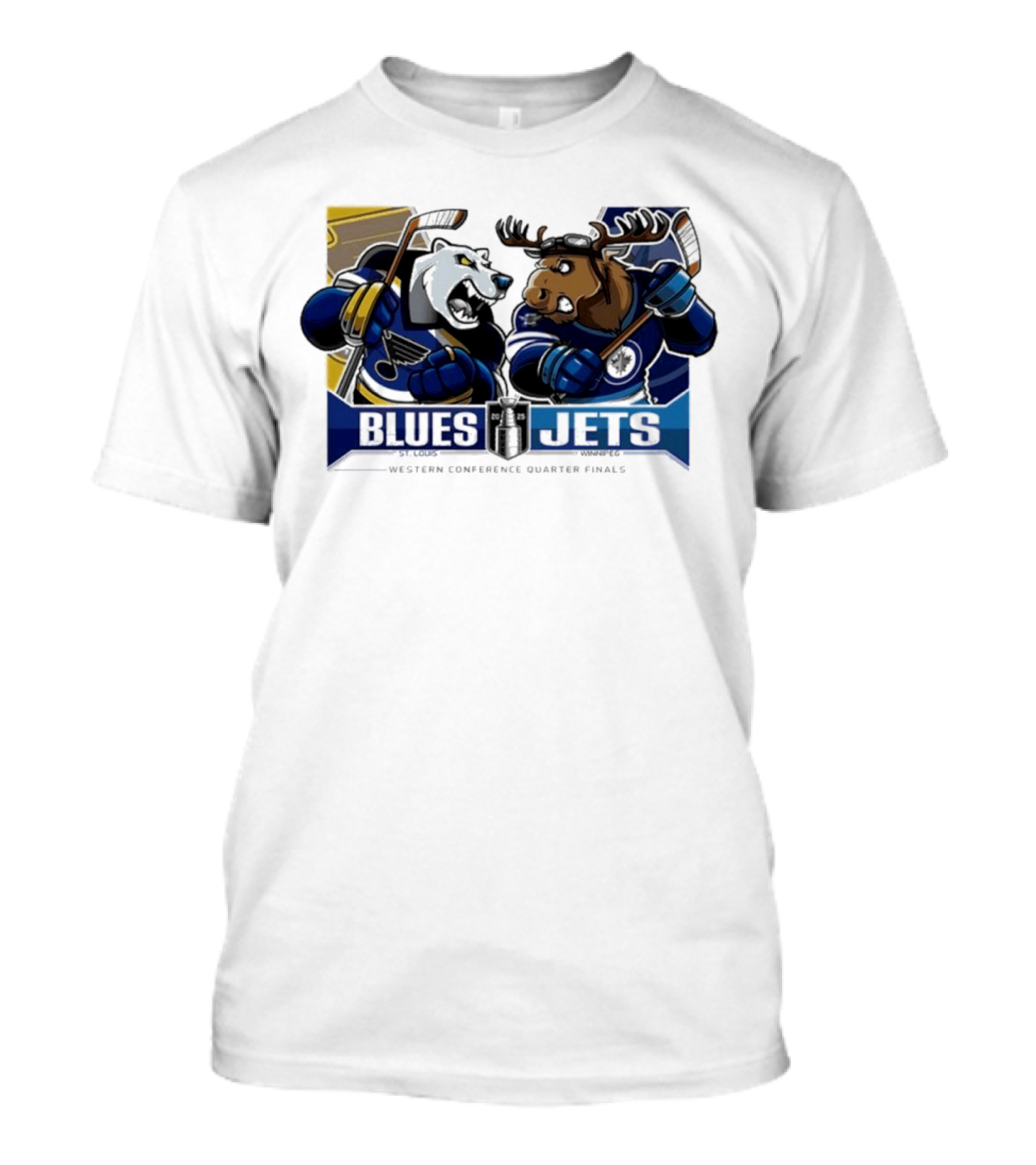 St Louis Blues Vs Winnipeg Jets 2025 Western Conference Quarter Finals Fierce Mascot Faceoff T-Shirt