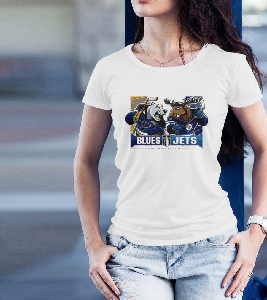 St Louis Blues Vs Winnipeg Jets 2025 Western Conference Quarter Finals Fierce Mascot Faceoff T-Shirt