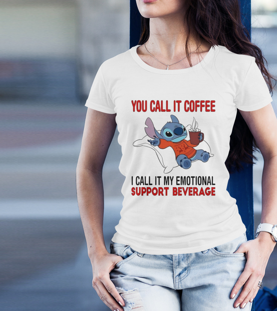Stitch You Call It Coffee I Call It My Emotional Support Beverage Blue Alien Character With Hot Drink In Red Sweater T-Shirt