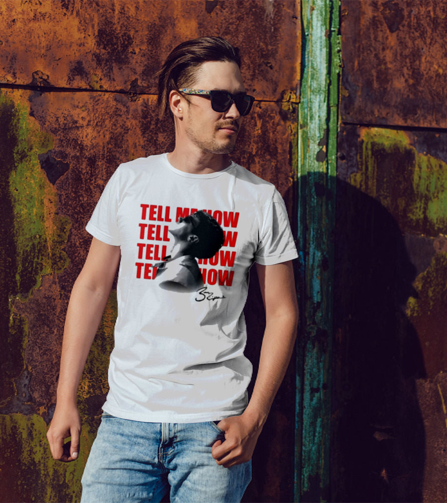 Tell Me How Ben Rodrigues Signature Black And White Artistic Portrait With Repeated Text In Eye-Catching Red Style T-Shirt