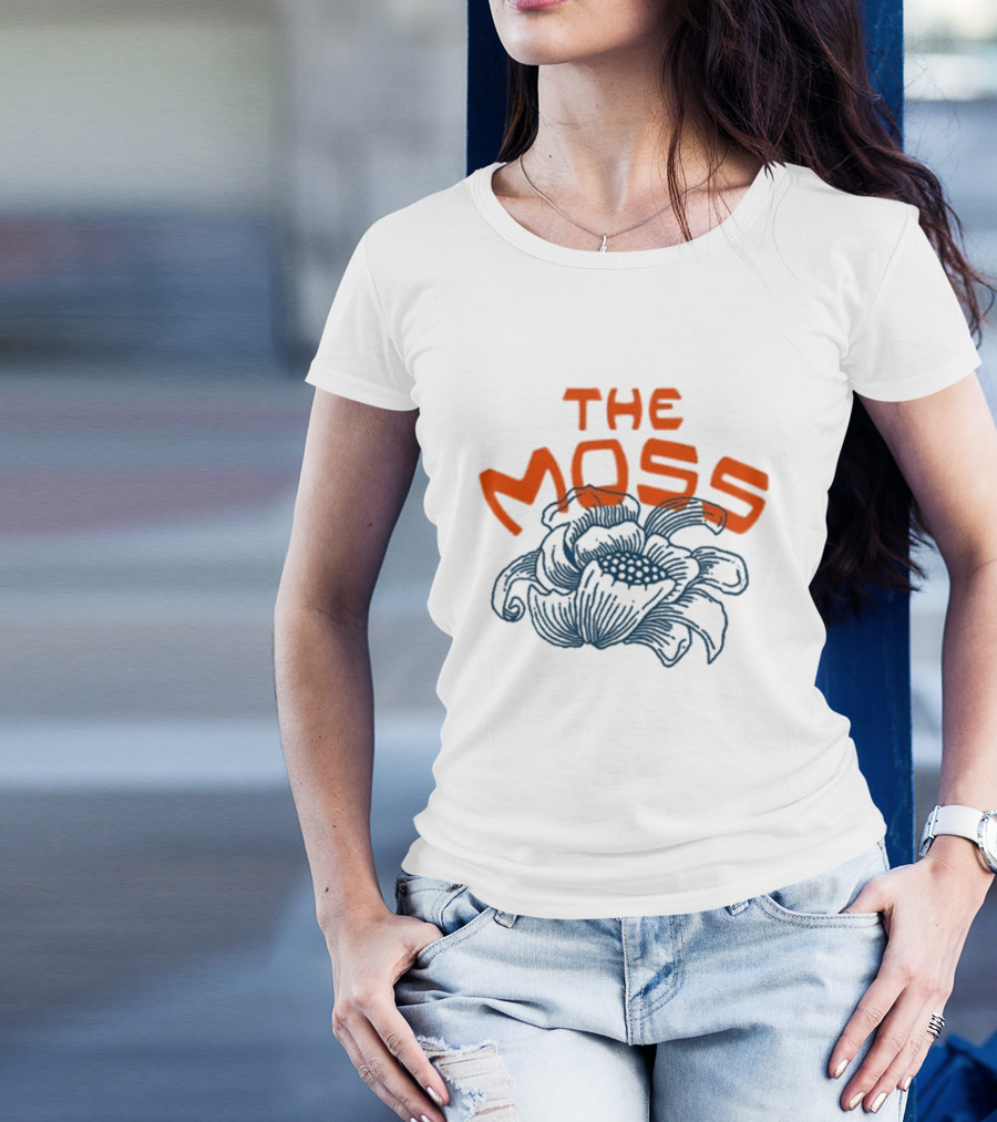 The Moss Flower 2025 Bold Blue And Orange Text Over Artistic Floral Illustration T-Shirt