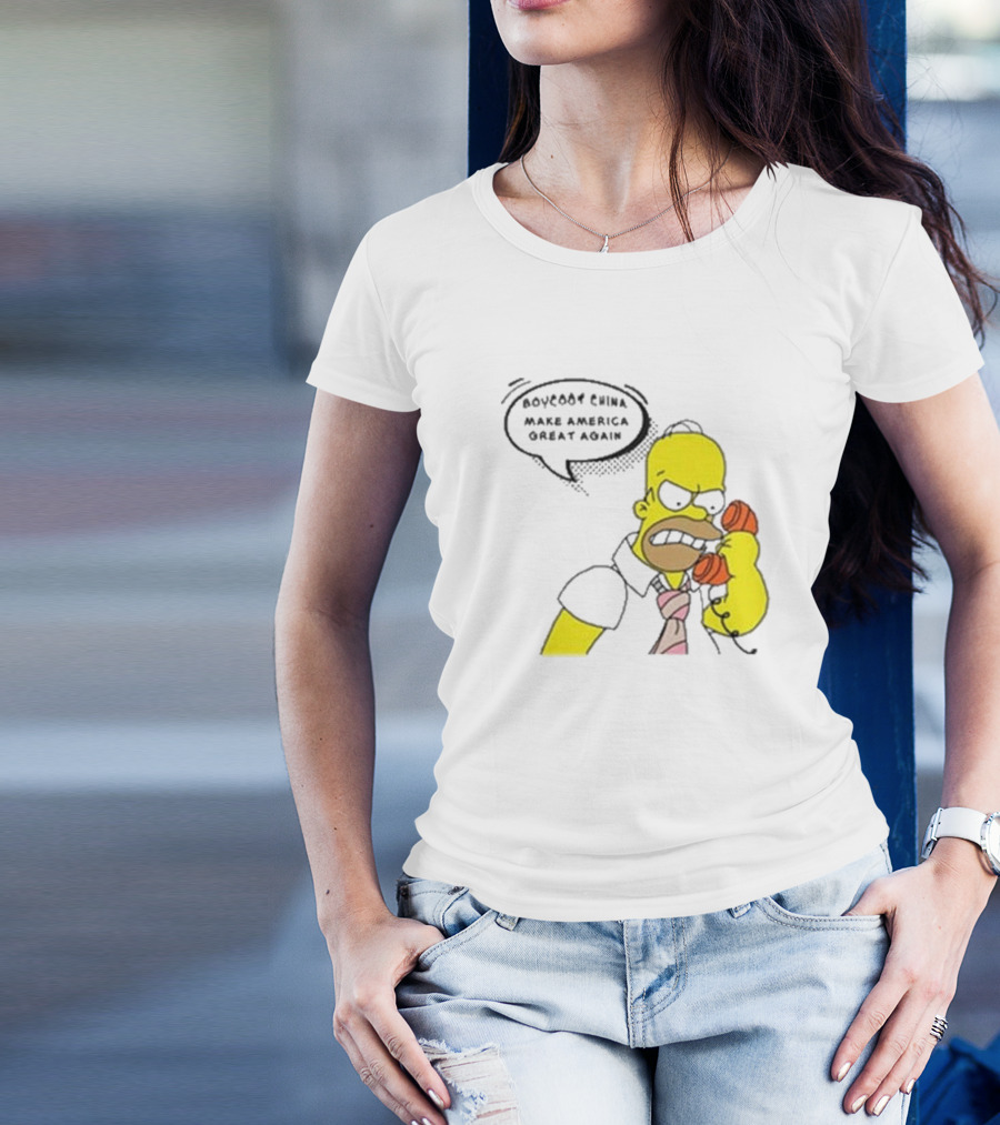 Boycott China Make America Great Again Simpsons Character Holding Phone T-Shirt