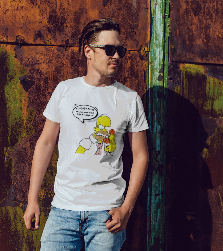 Boycott China Make America Great Again Simpsons Character Holding Phone T-Shirt