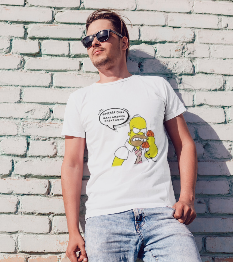 Boycott China Make America Great Again Simpsons Character Holding Phone T-Shirt