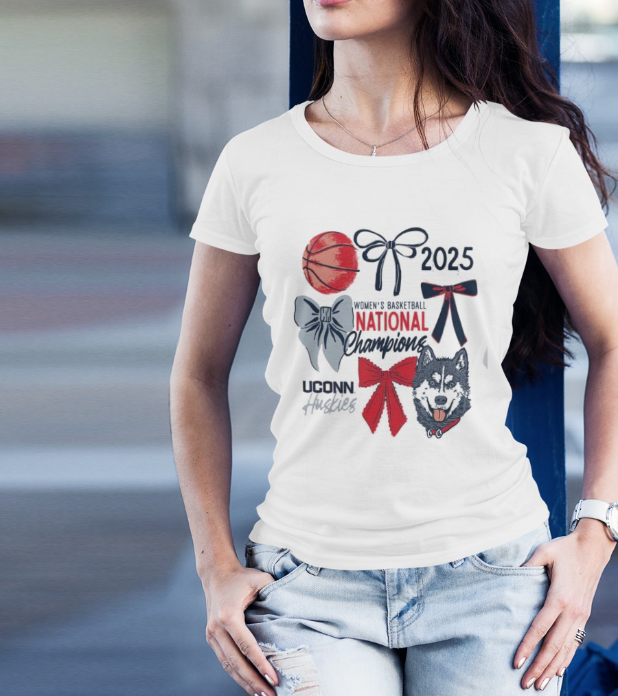 Uconn Huskies 2025 Women's Basketball National Champions Bow Basketball And Husky Image T-Shirt