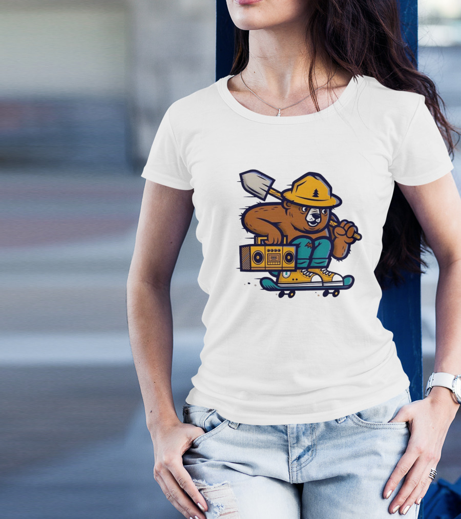 ```Wildfire Relief Bear Skateboarding With Boombox And Shovel``` T-Shirt
