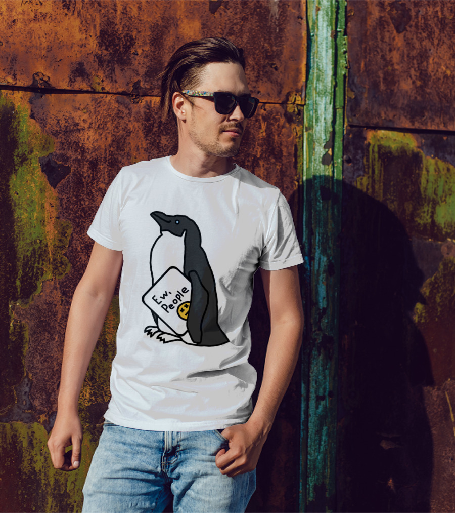 Penguin Holding Ew People Sign With Unamused Emoji T-Shirt