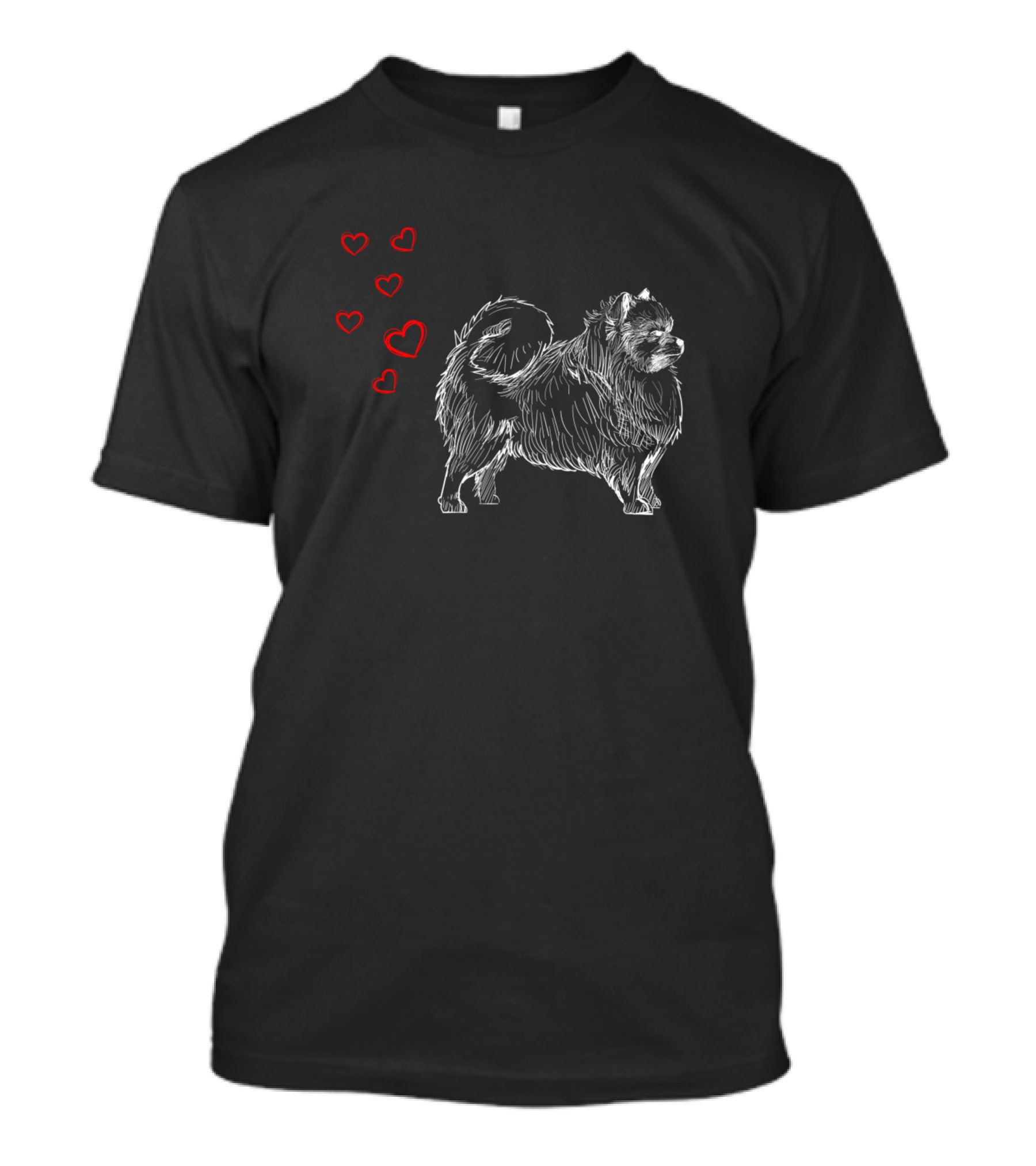 Pomeranian Love Sketch With Red Hearts T-Shirt