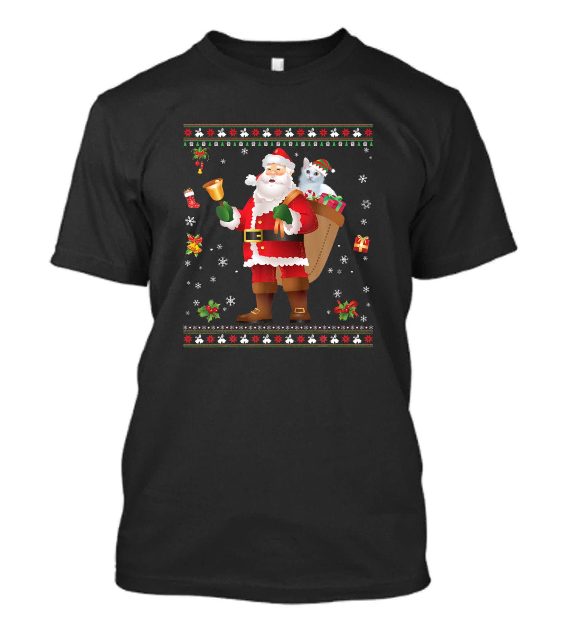 Santa With Bell And Japanese Bobtail Cat In Christmas Presents Reindeer Snowflakes T-Shirt