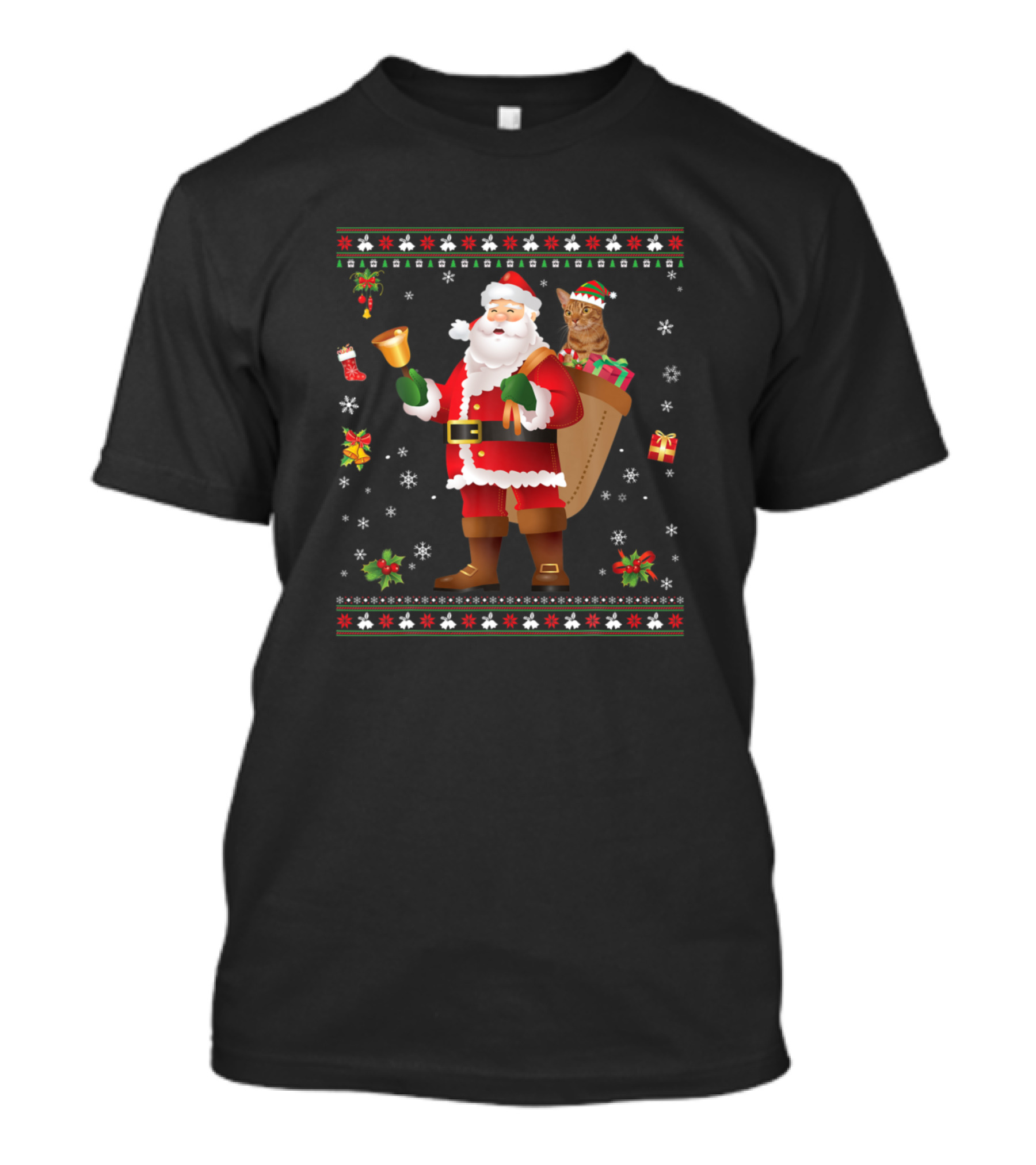 Santa Claus With Reindeer Antlered Ocicat Cat And Holiday Presents Snowflakes T-Shirt
