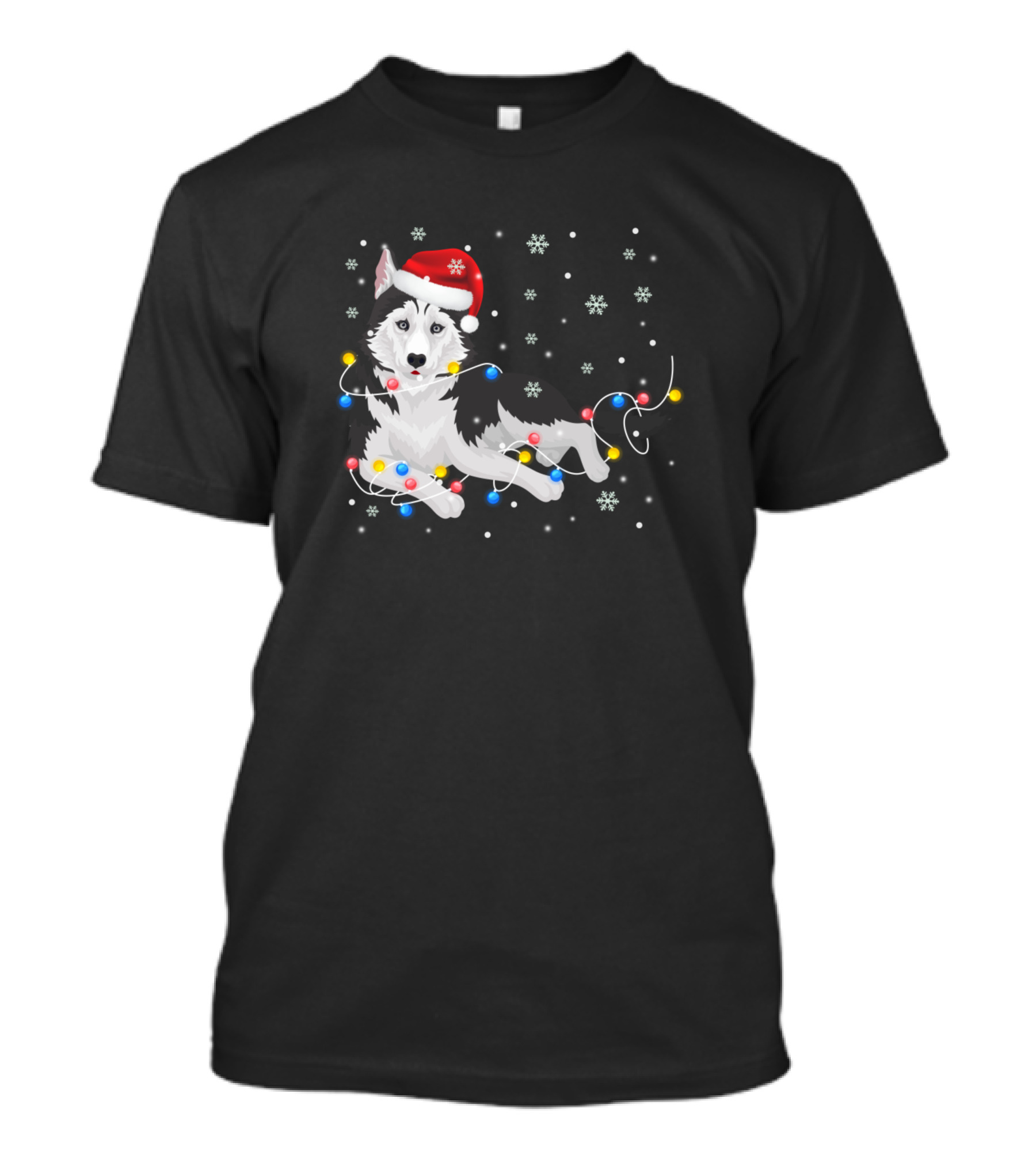 Siberian Husky Santa Hat Christmas Lights Snowflakes Xmas Dog T-Shirt