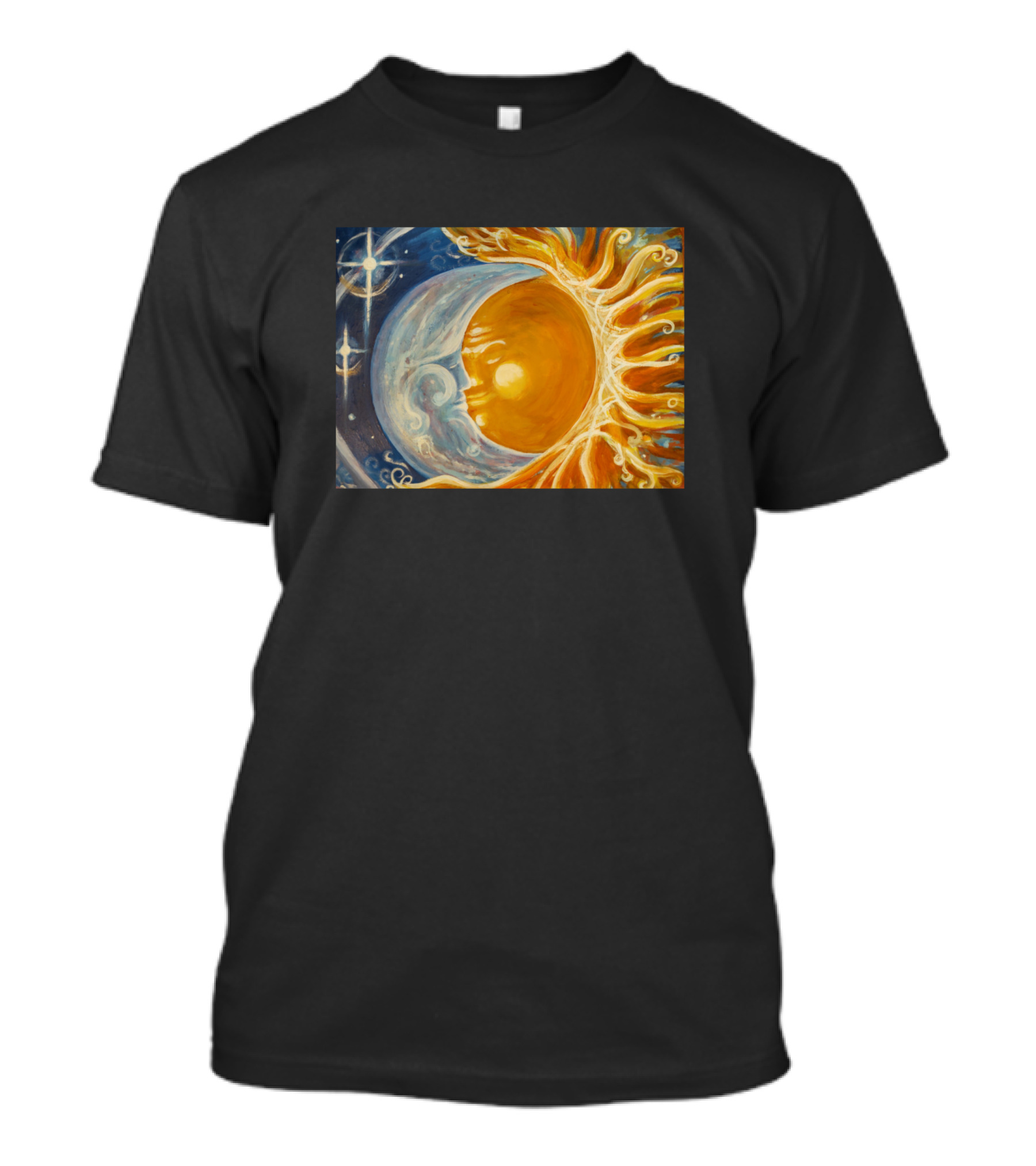 Sun And Moon Celestial Embrace With Stars And Swirls T-Shirt