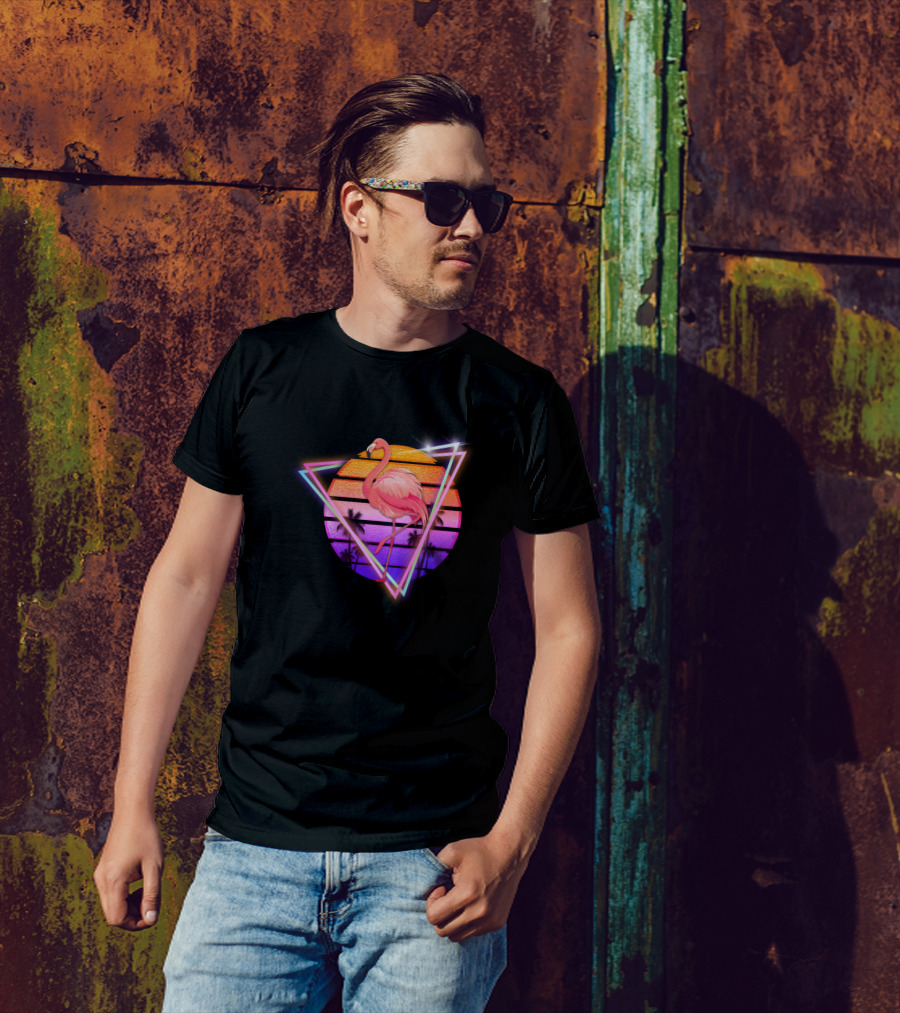 Synthwave Flamingo Sunset Neon Triangle Tropical Vibes T-Shirt