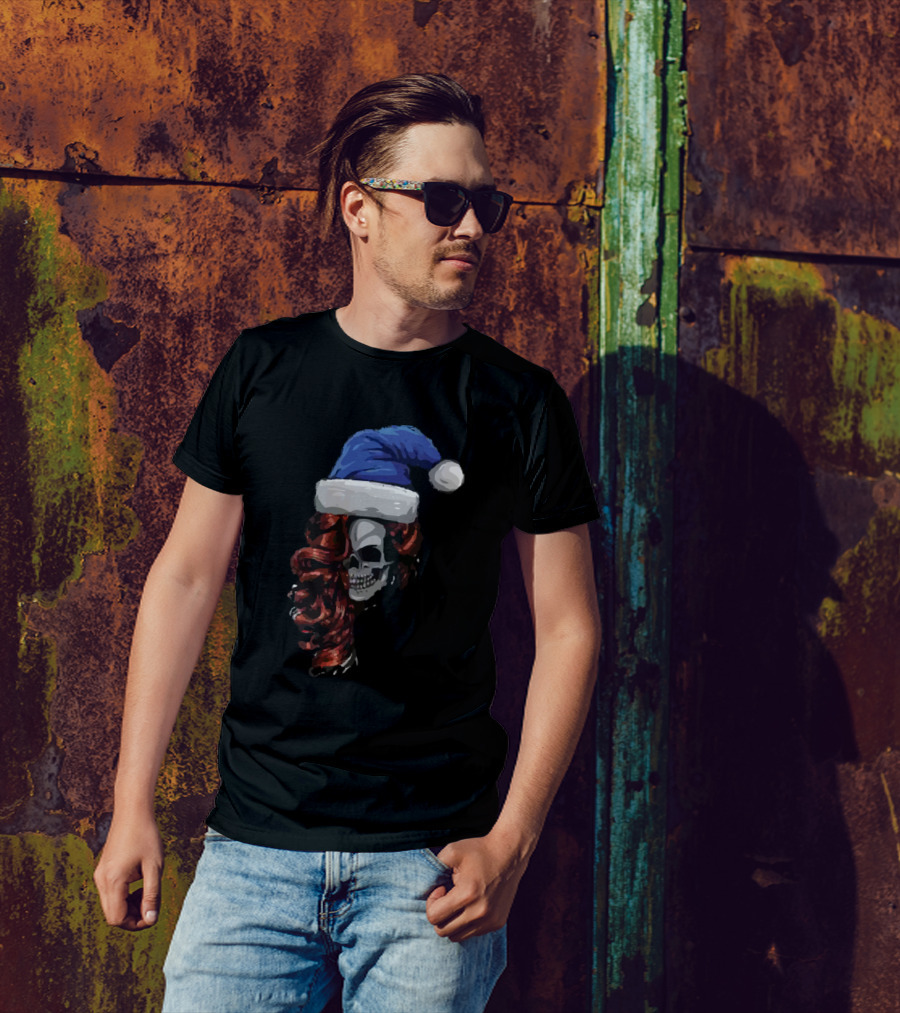Woman Skull Santa Hat Red Hair Fashion T-Shirt