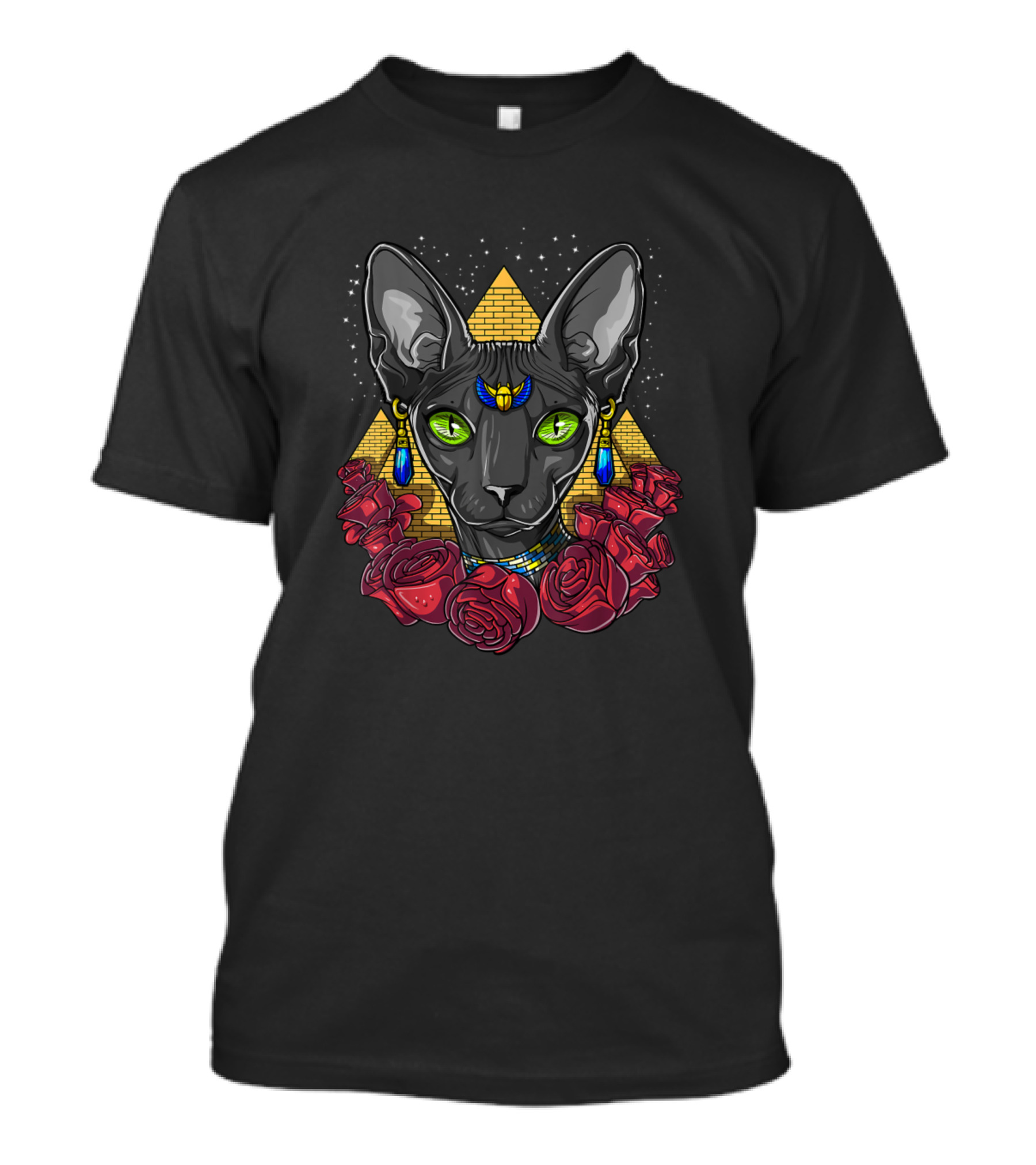 Bastet Egyptian Cat Goddess Queen Pharaoh Pyramid Roses Egypt T-Shirt
