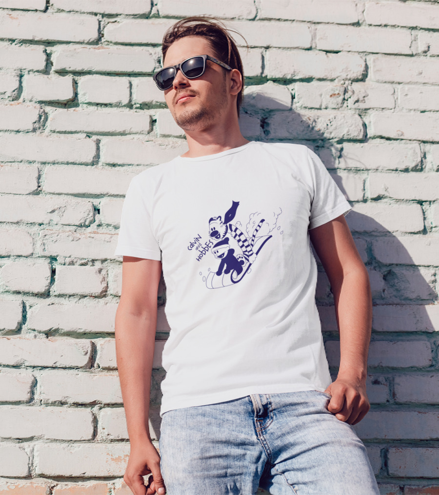 Calvin And Hobbes Sledding Adventure Blue T-Shirt