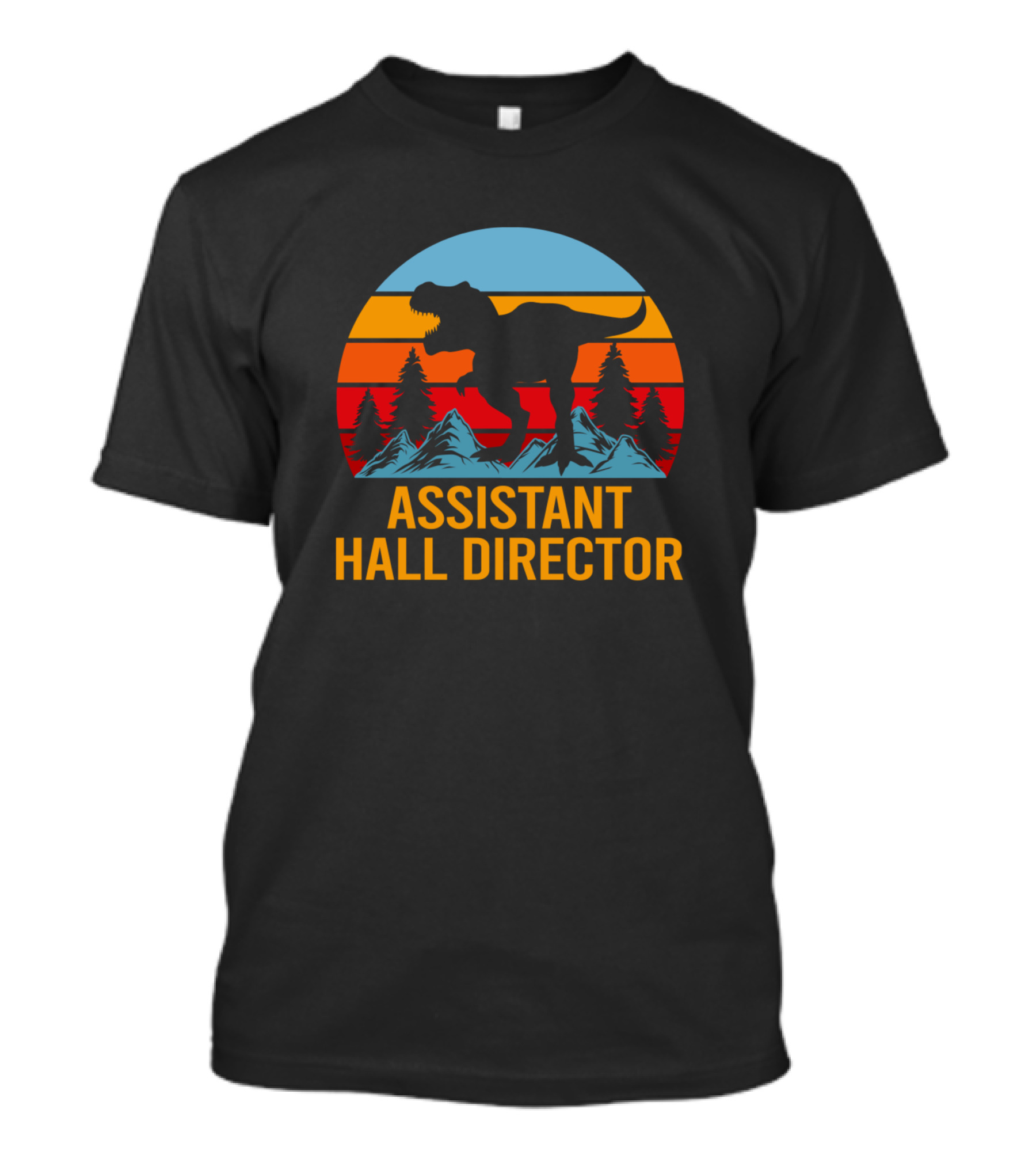 Assistant Hall Director Dinosaur Silhouette Against Sunset Mountain Scene T-Shirt