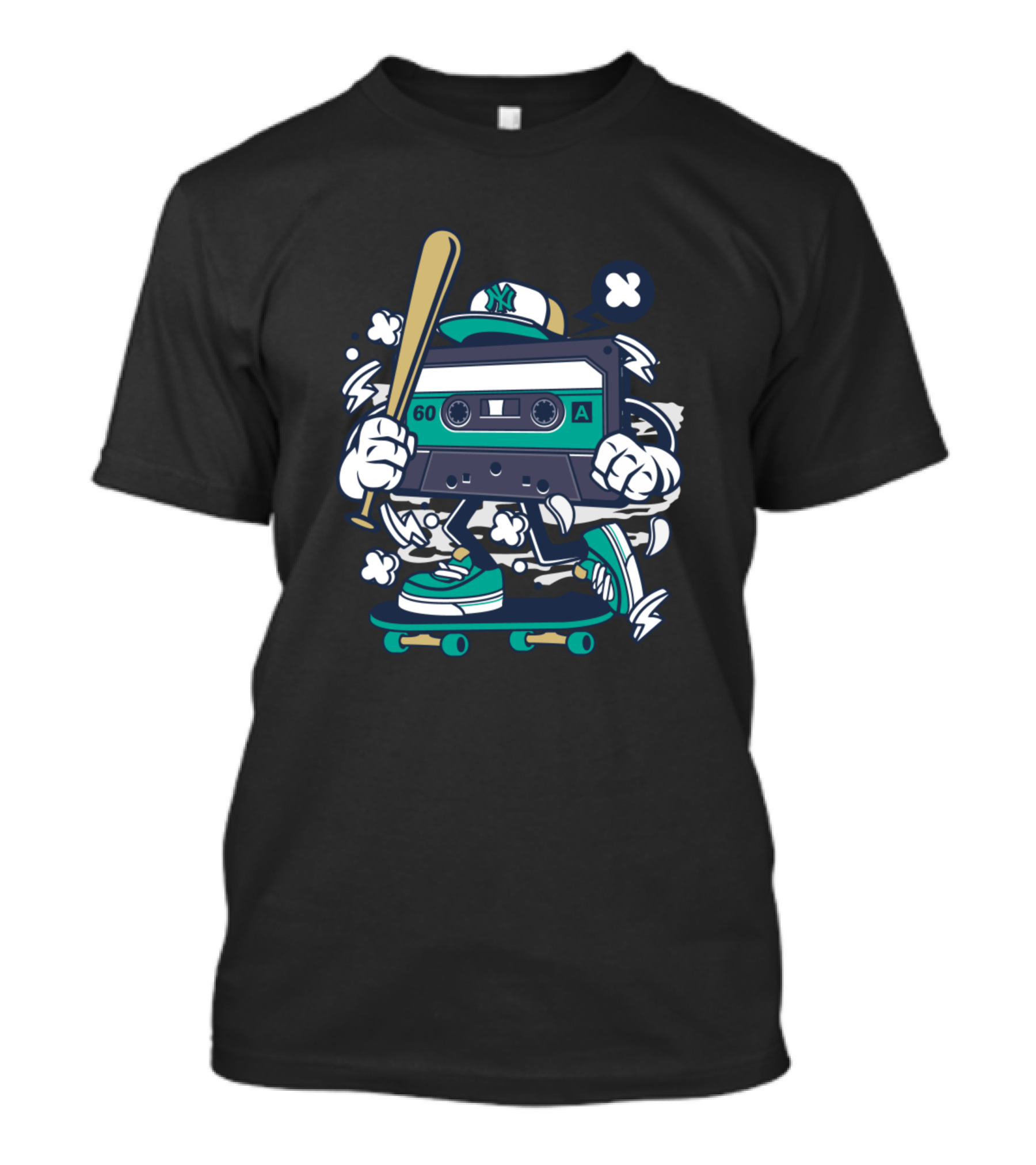 Cassette Skater With Baseball Bat And Cap On Skateboard T-Shirt