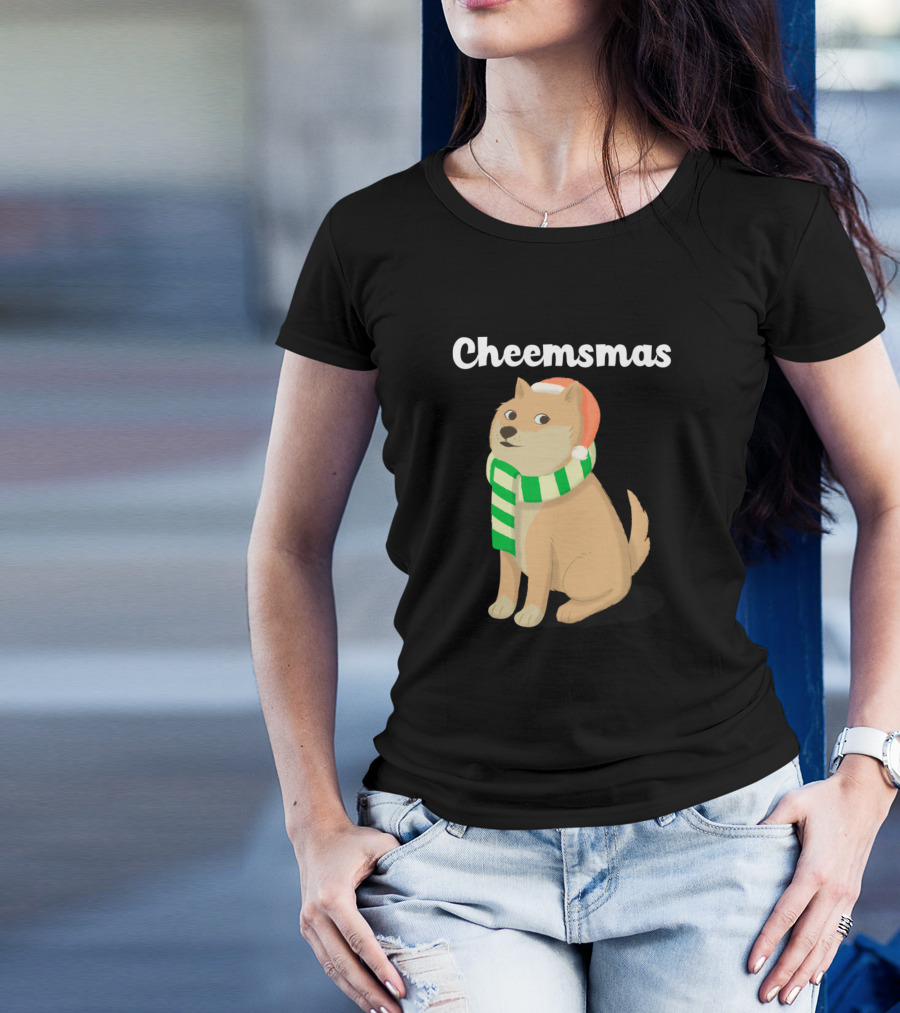 Cheemsmas Dog With Santa Hat And Green Striped Scarf T-Shirt
