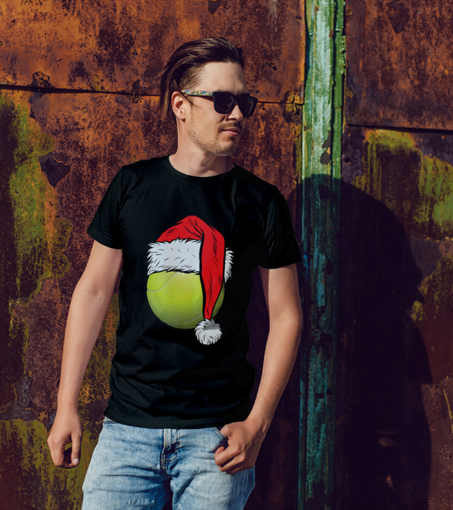 Christmas Tennis Ball Santa Hat Funny Sport Holiday T-Shirt