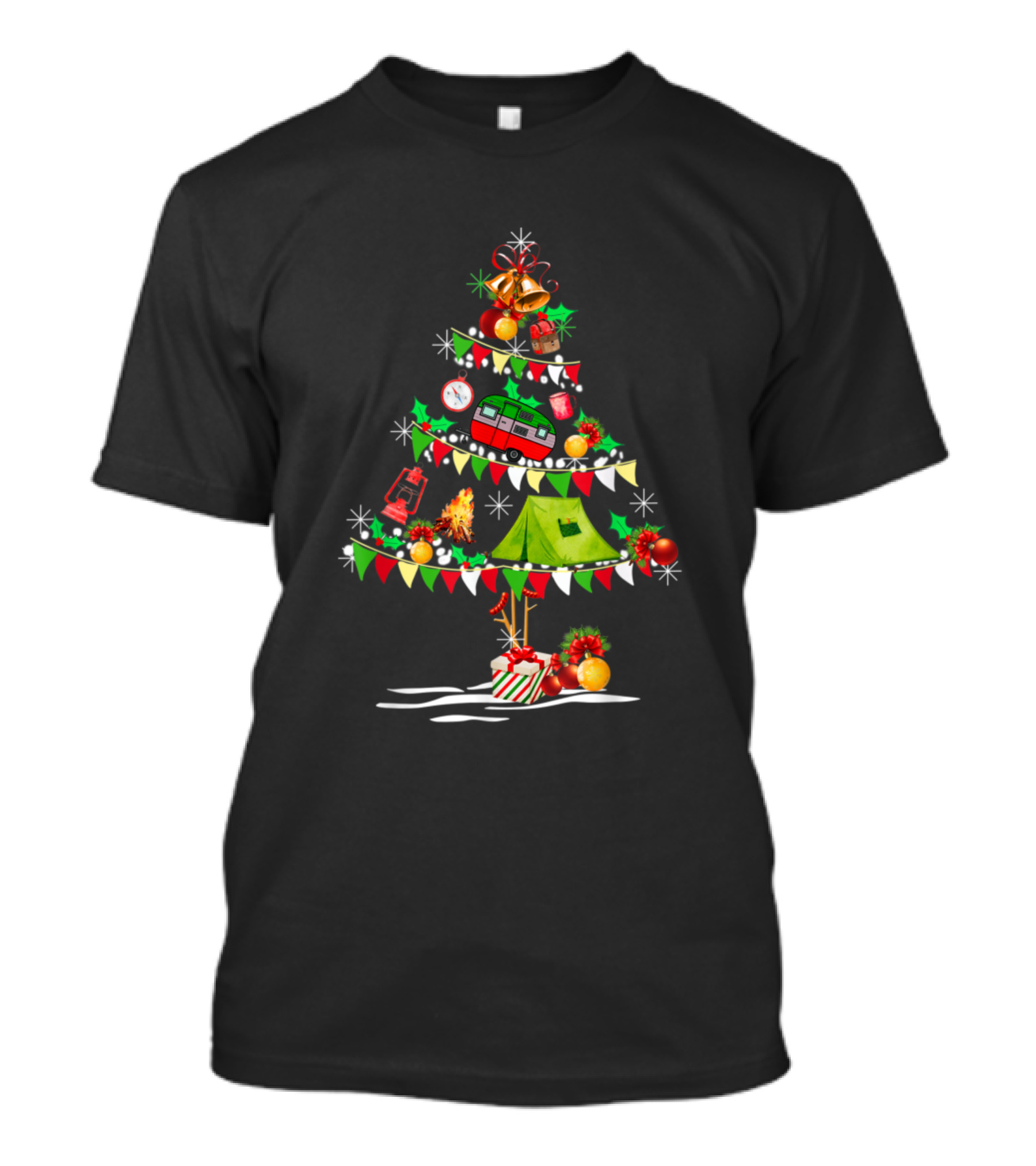 Christmas Tree Camping Funny Holiday Lights Ornaments Camper Tent T-Shirt