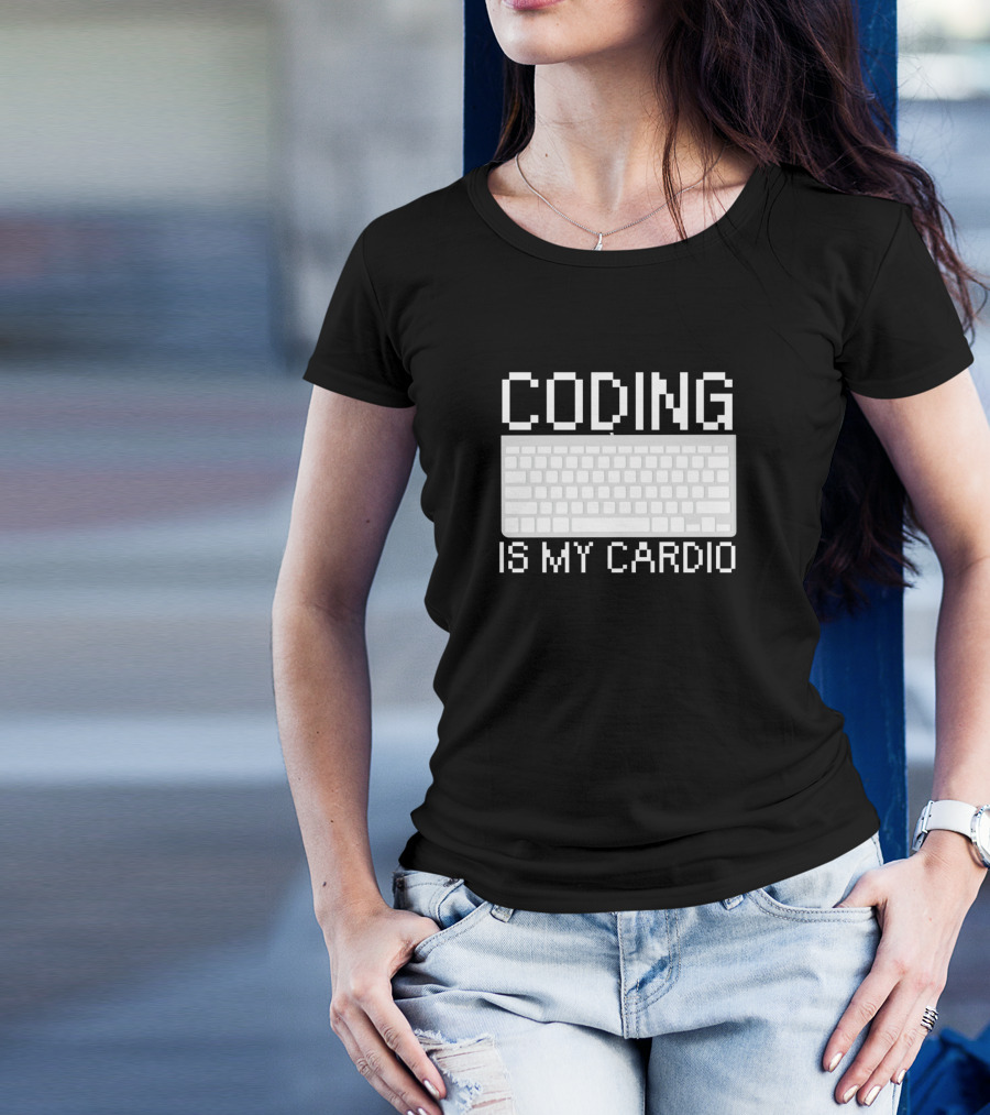 Coding Is My Cardio Keyboard Theme Retro Pixel Text T-Shirt