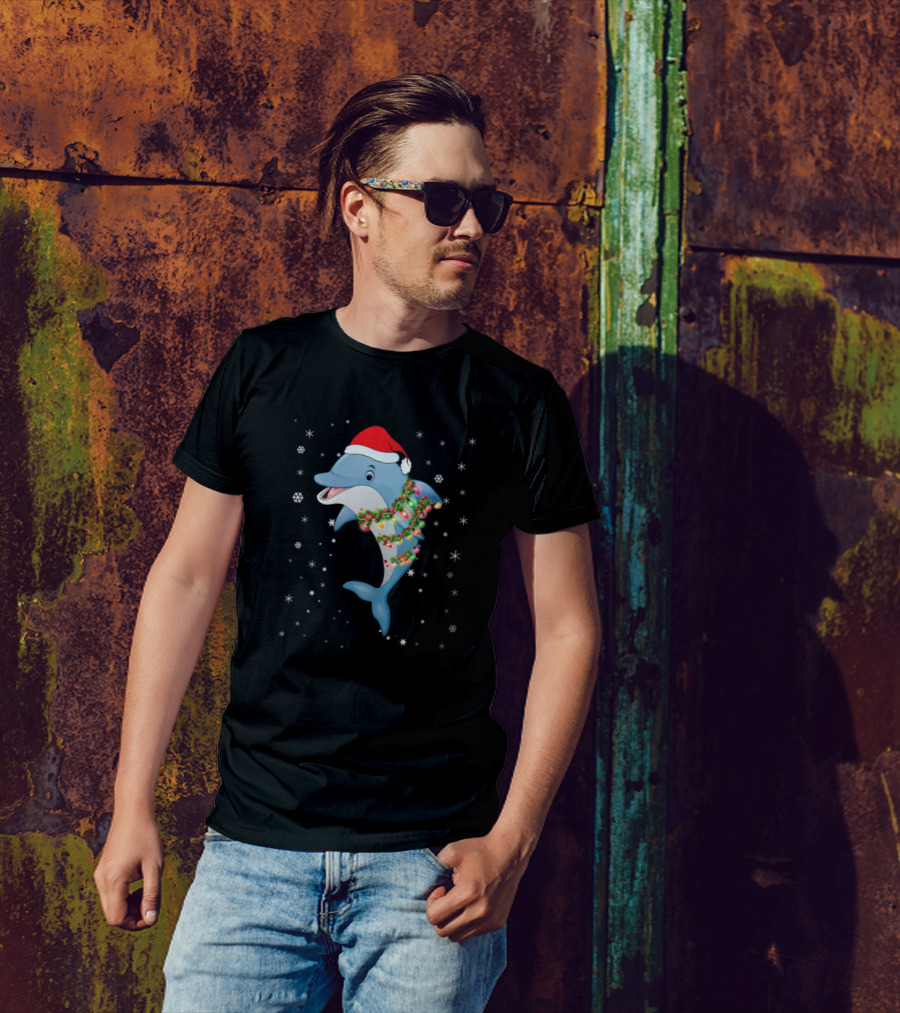 Dolphin Wearing Santa Hat With Christmas Lights And Snowflakes T-Shirt