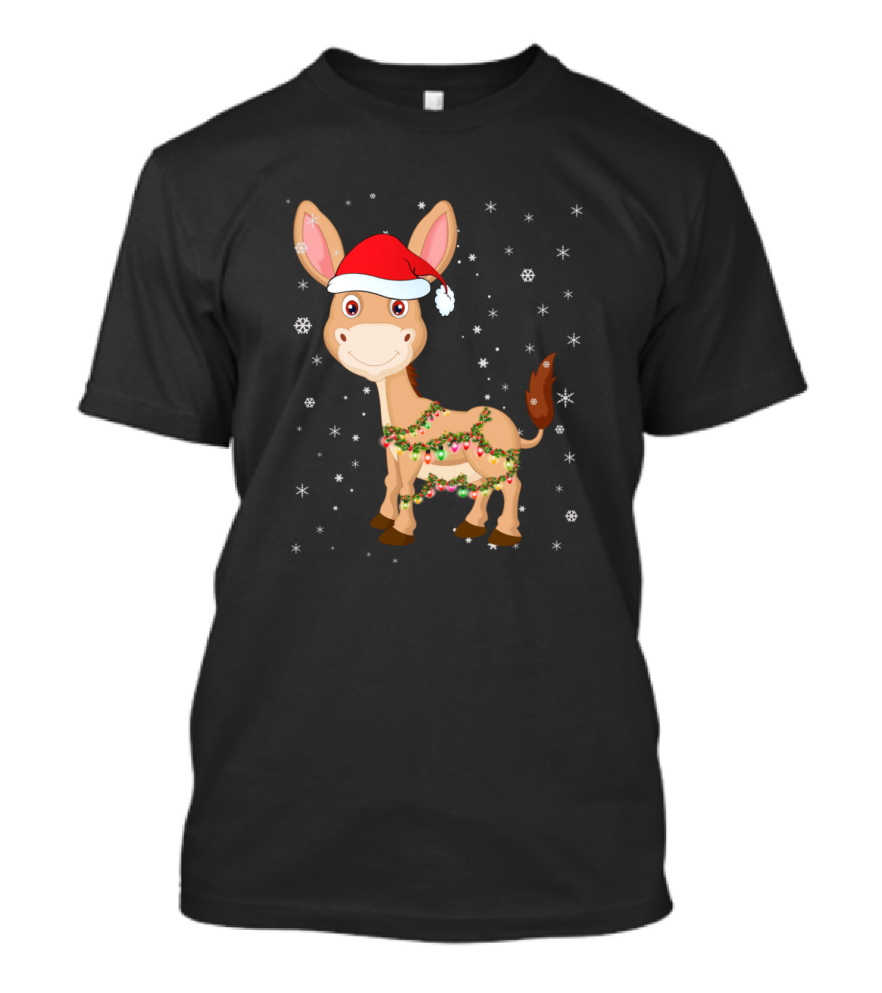 Donkey Christmas Lights Santa Hat Snowflakes T-Shirt