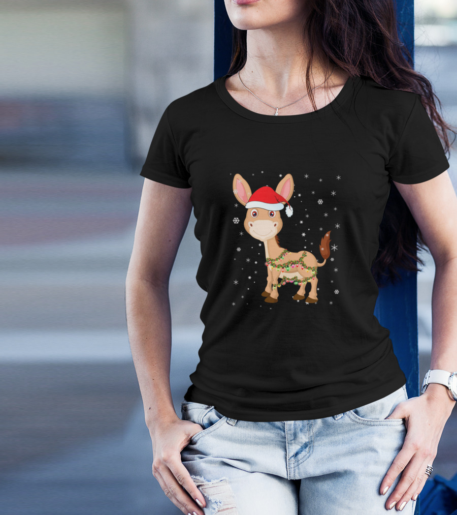 Donkey Christmas Lights Santa Hat Snowflakes T-Shirt
