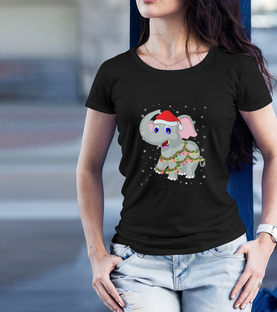 Elephant Christmas Lights Santa Hat Snowflakes T-Shirt