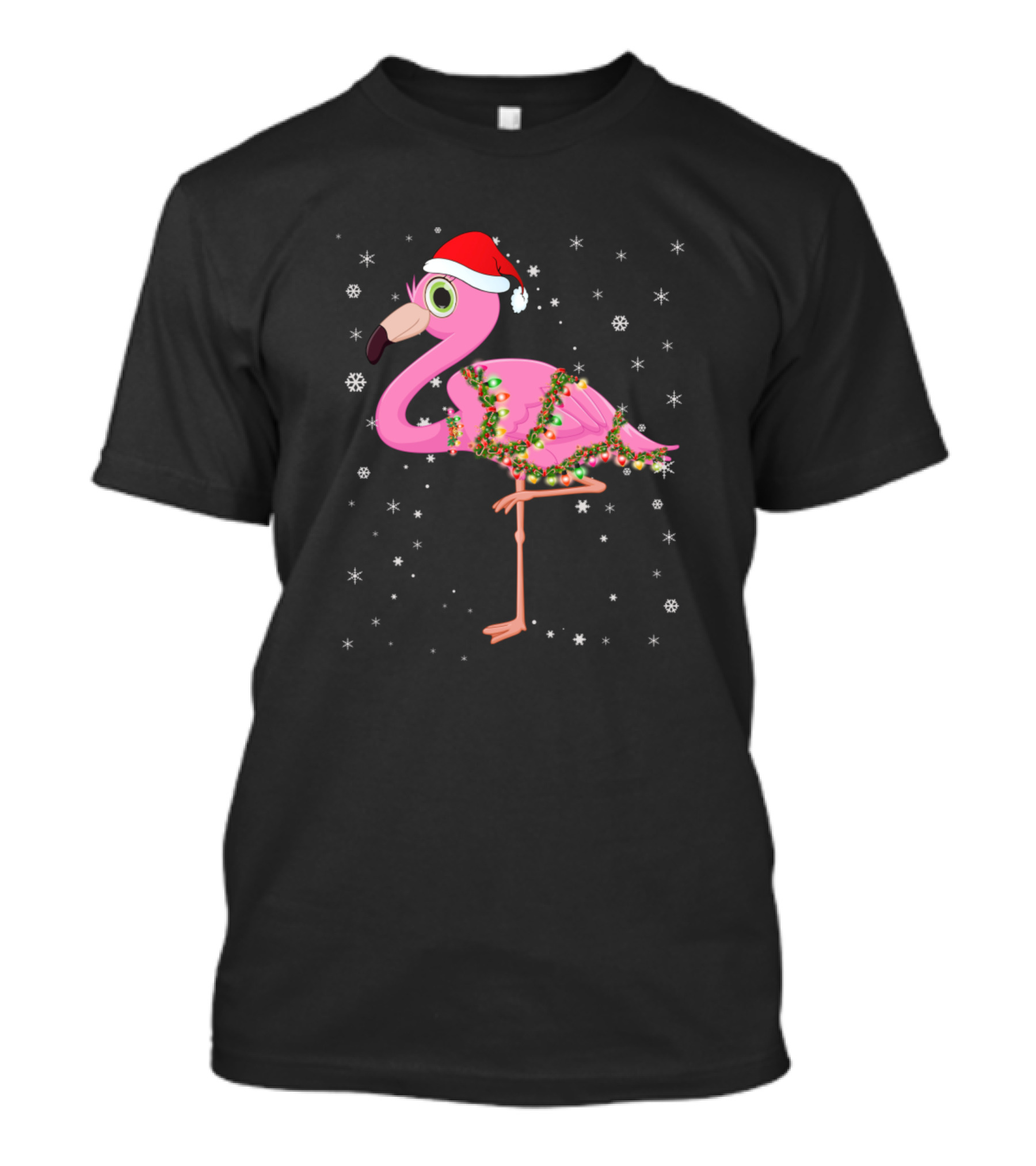 Flamingo Santa Hat Wrapped In Christmas Lights With Snowflakes T-Shirt