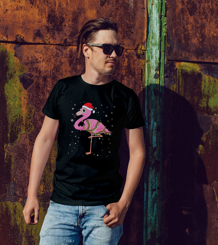 Flamingo Santa Hat Wrapped In Christmas Lights With Snowflakes T-Shirt
