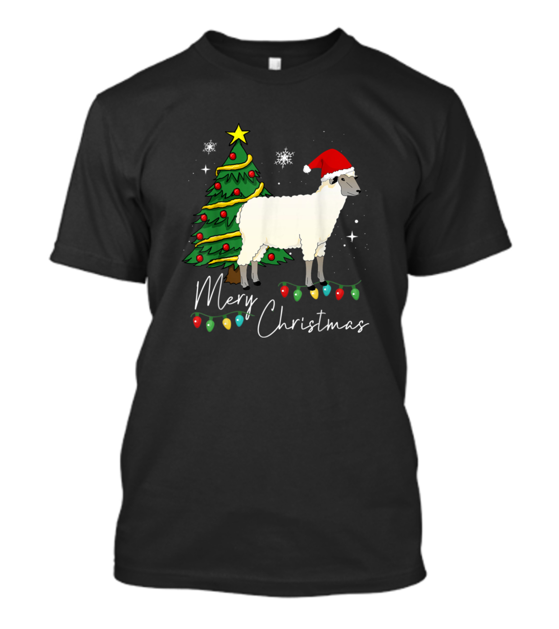 Merry Christmas Sheep With Santa Hat And Christmas Tree T-Shirt