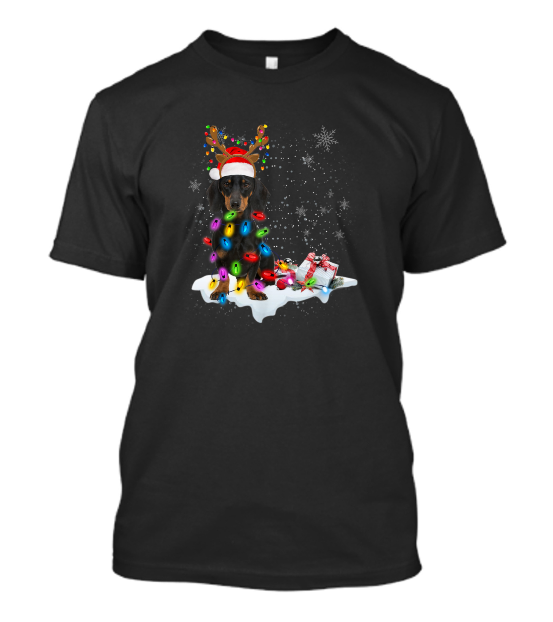 Dachshund Dog Christmas Reindeer With Santa Hat And Holiday Lights T-Shirt