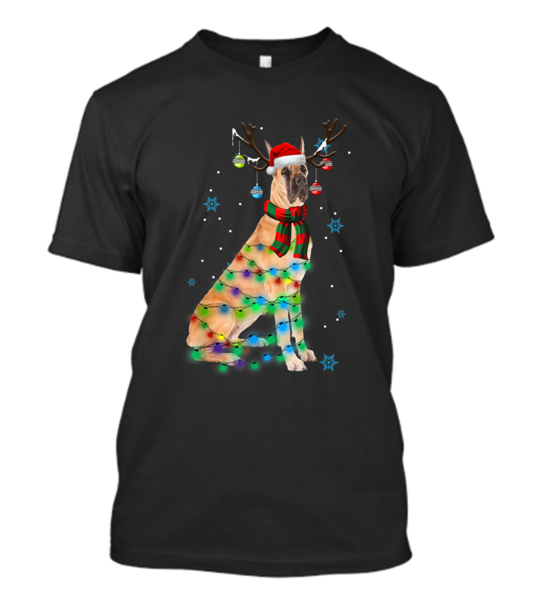 Funny Great Dane Dog Reindeer Christmas Lights And Santa Hat T-Shirt