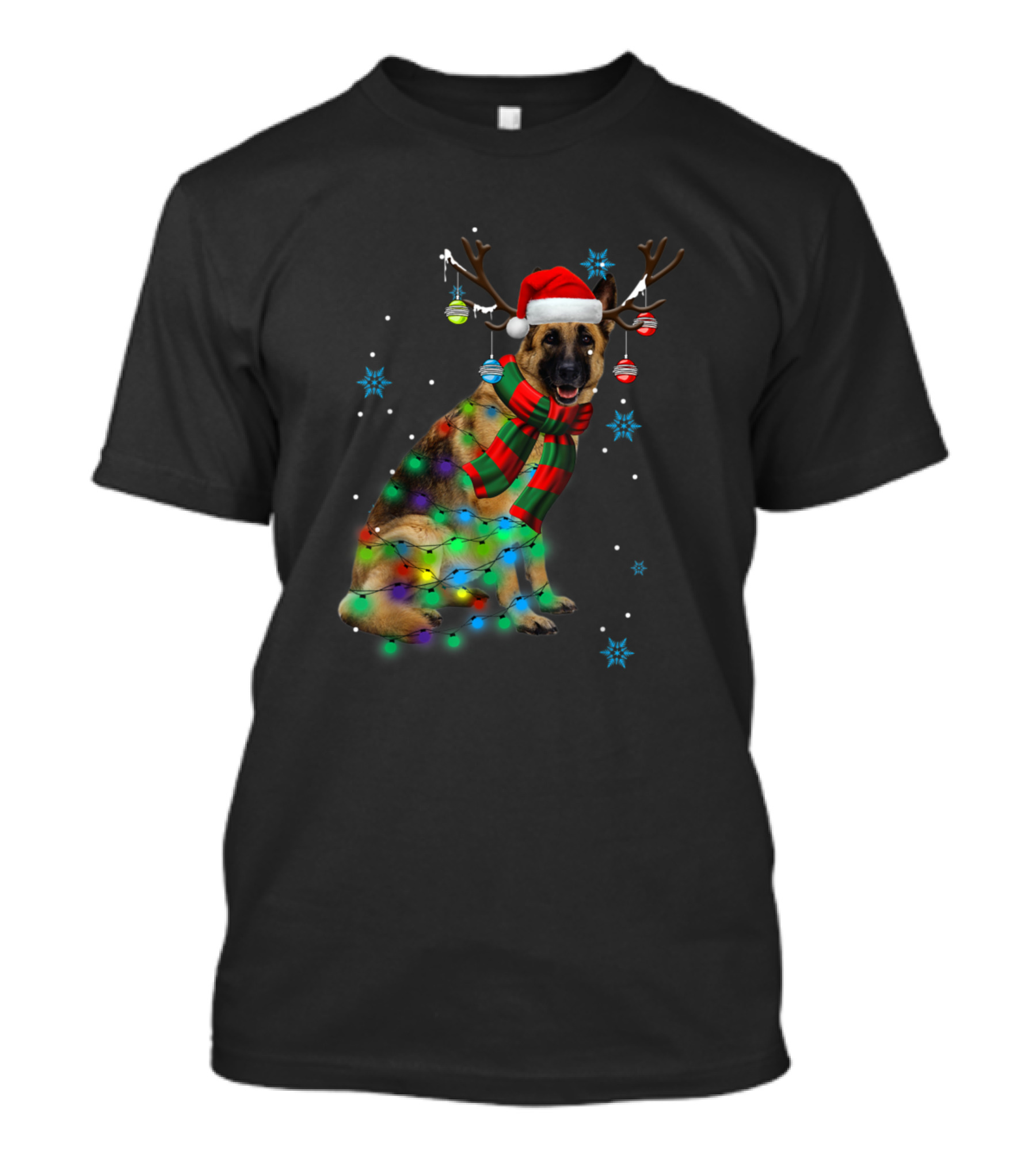 Funny German Shepherd Dog Wearing Santa Hat And Reindeer Antlers With Christmas Lights And Ornaments T-Shirt